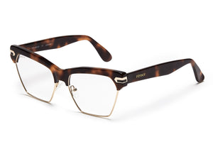 Tortue acetate glasses with stainless steel bottom rim with clear lenses and gold tone hardware