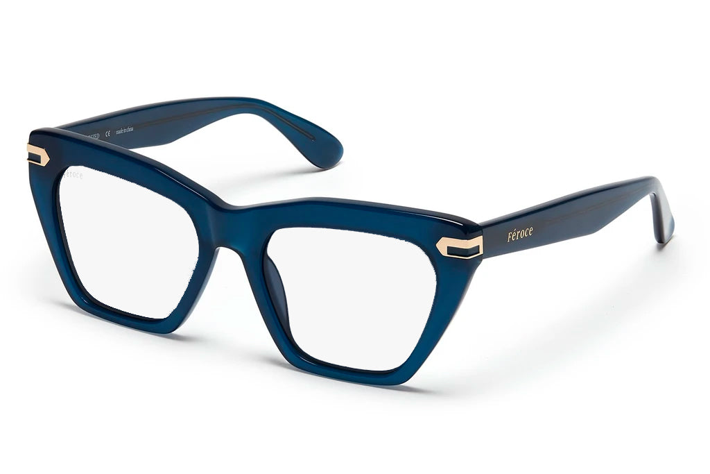 Dark blue acetate glasses with clear lenses and gold tone hardware