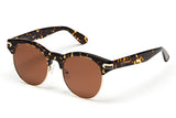 Speckle acetate sunglasses with stainless steel bottom rim with dark brown lenses and gold tone hardware