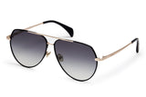 Black acetate sunglasses with dark grey lenses and gold tone hardware