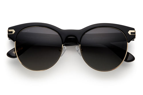Black acetate sunglasses with stainless steel bottom rim with dark grey lenses and gold tone hardware