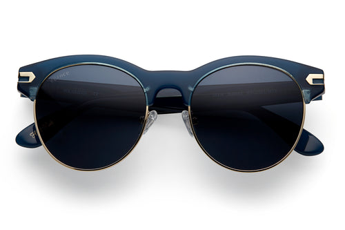 Marine acetate sunglasses with stainless steel bottom rim with dark violet lenses and gold tone hardware