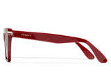 Burgundy acetate sunglasses with red gradient lenses and gold tone hardware