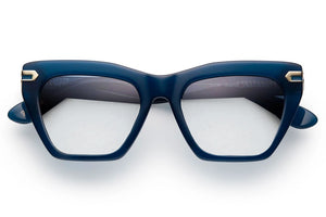 Dark blue acetate glasses with readers lenses and gold tone hardware