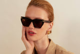 Espresso acetate sunglasses with dark grey/black gradient lenses and gold tone hardware