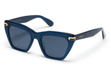 Dark blue acetate sunglasses with dark blue lenses and gold tone hardware