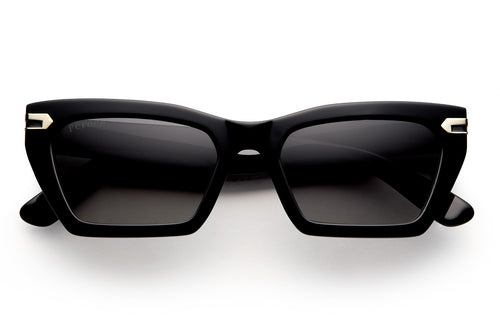 Black acetate sunglasses with dark grey lenses and gold tone hardware