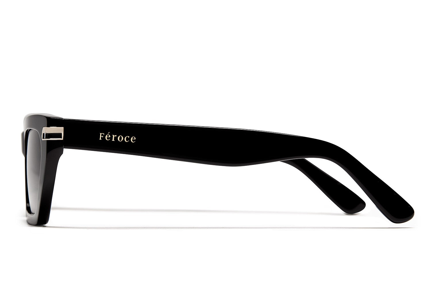 Black acetate sunglasses with dark grey lenses and gold tone hardware