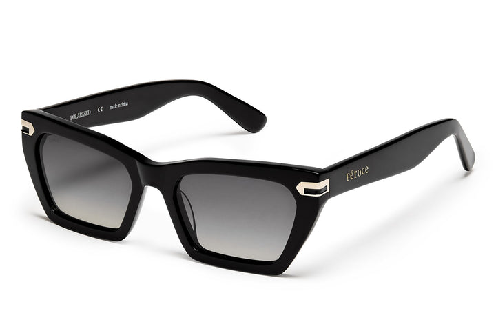 Black acetate sunglasses with dark grey lenses and gold tone hardware