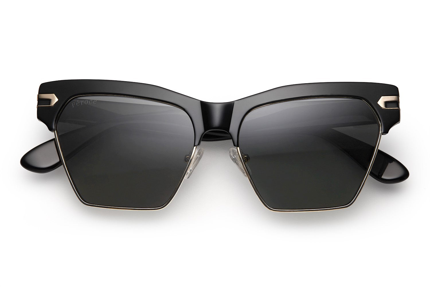 Black acetate sunglasses with stainless steel bottom rim dark grey/black lenses and gold tone hardware