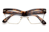 Tortue acetate glasses with stainless steel bottom rim with clear lenses and gold tone hardware