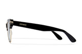 Black acetate sunglasses with stainless steel bottom rim dark grey/black lenses and gold tone hardware