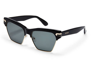 Black acetate sunglasses with stainless steel bottom rim dark grey/black lenses and gold tone hardware