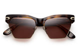 Tortue acetate sunglasses with stainless steel bottom rim dark brown lenses and gold tone hardware