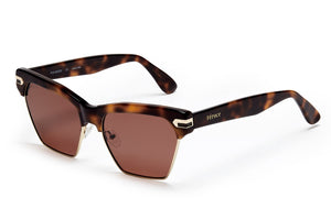 Tortue acetate sunglasses with stainless steel bottom rim dark brown lenses and gold tone hardware