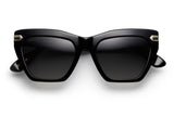 Black acetate sunglasses with dark grey lenses and gold tone hardware.