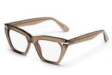 Bronze acetate glasses with clear lenses and gold tone hardware