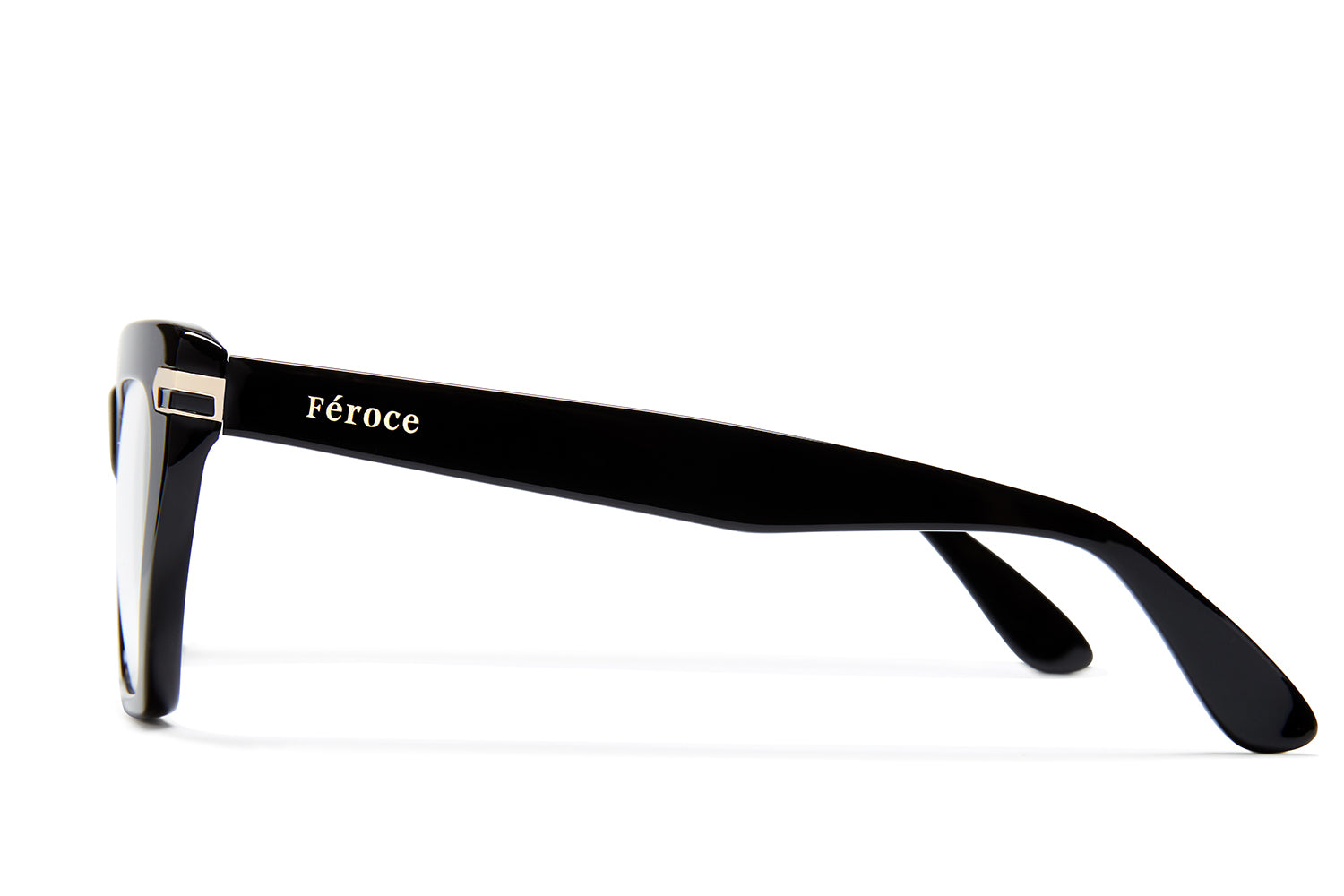 Black acetate glasses with clear lenses and gold tone hardware