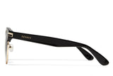 Black acetate sunglasses with stainless steel bottom rim with dark grey lenses and gold tone hardware