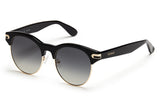 Black acetate sunglasses with stainless steel bottom rim with dark grey lenses and gold tone hardware
