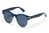 Marine acetate sunglasses with stainless steel bottom rim with dark violet lenses and gold tone hardware