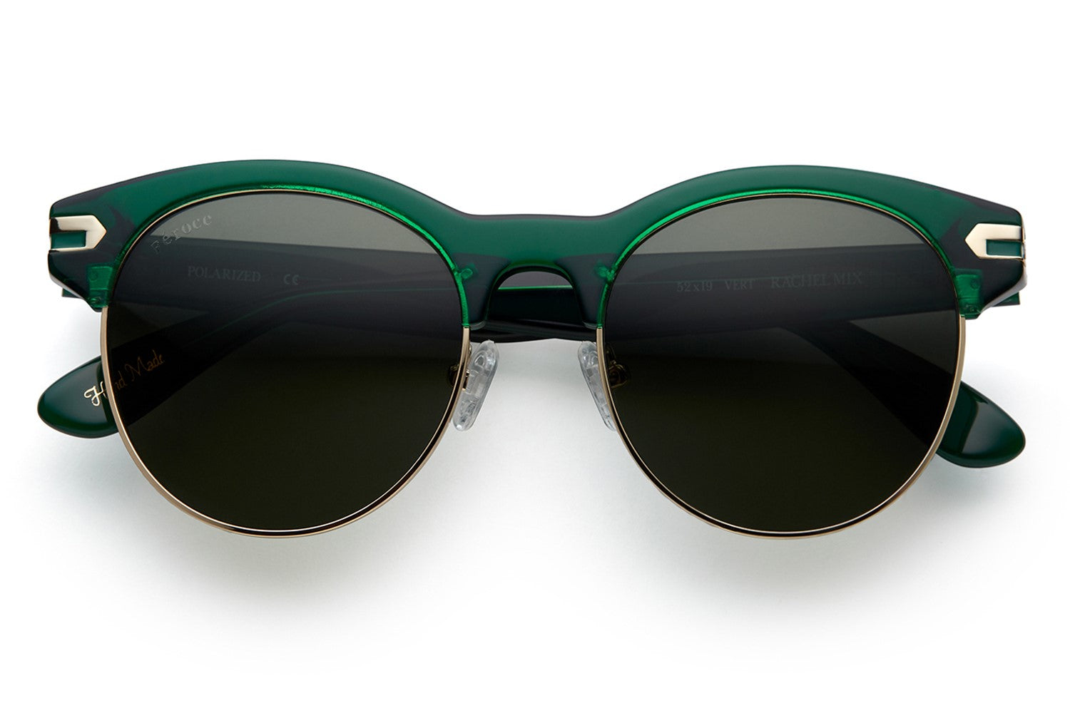 Vert acetate sunglasses with stainless steel bottom rim with dark green lenses and gold tone hardware