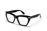 Black acetate glasses with clear lenses and gold tone hardware
